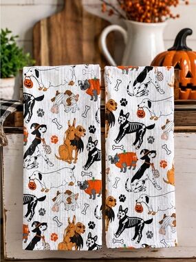MAKERY Halloween Dog Tea Towels Set of 2 Cotton Kitchen Towels Ghosts Skeletons